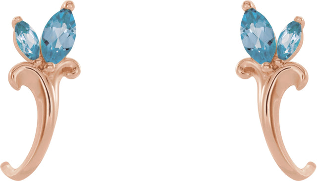 14K Gold Marquise Natural Aquamarine Floral J-Hoop Earrings - Rose Gold - view 2