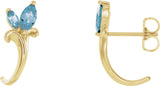 14K Gold Marquise Natural Aquamarine Floral J-Hoop Earrings - Yellow Gold
