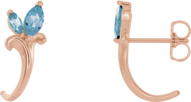14K Gold Marquise Natural Aquamarine Floral J-Hoop Earrings - Rose Gold