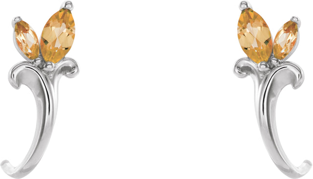 14K Gold Marquise Natural Citrine Floral J-Hoop Earrings - White Gold - view 2