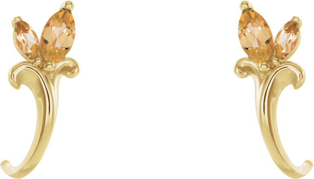 14K Gold Marquise Natural Citrine Floral J-Hoop Earrings - Yellow Gold - view 2