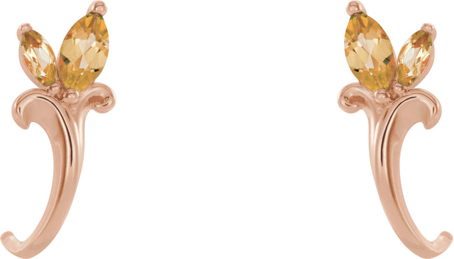 14K Gold Marquise Natural Citrine Floral J-Hoop Earrings - Rose Gold - view 2