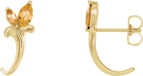 14K Gold Marquise Natural Citrine Floral J-Hoop Earrings - Yellow Gold