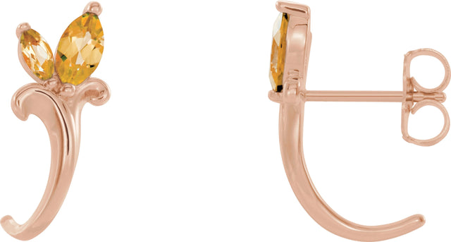 14K Gold Marquise Natural Citrine Floral J-Hoop Earrings - Rose Gold