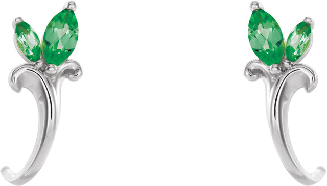 14K Gold Marquise Natural Emerald Floral J-Hoop Earrings - White Gold - view 2