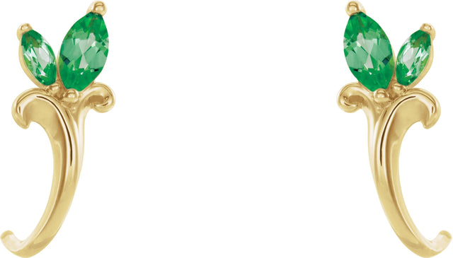 14K Gold Marquise Natural Emerald Floral J-Hoop Earrings - Yellow Gold - view 2