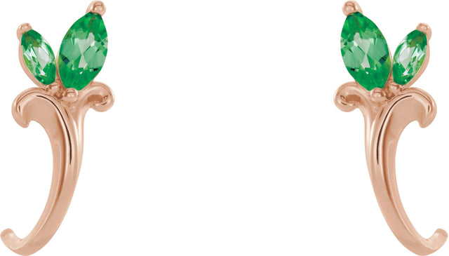 14K Gold Marquise Natural Emerald Floral J-Hoop Earrings - Rose Gold - view 2