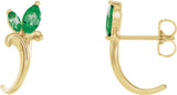 14K Gold Marquise Natural Emerald Floral J-Hoop Earrings - Yellow Gold