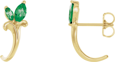 14K Gold Marquise Natural Emerald Floral J-Hoop Earrings - Yellow Gold