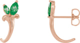 14K Gold Marquise Natural Emerald Floral J-Hoop Earrings - Rose Gold