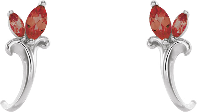 14K Gold Marquise Natural Mozambique Garnet Floral J-Hoop Earrings - White Gold - view 2