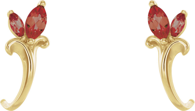 14K Gold Marquise Natural Mozambique Garnet Floral J-Hoop Earrings - Yellow Gold - view 2