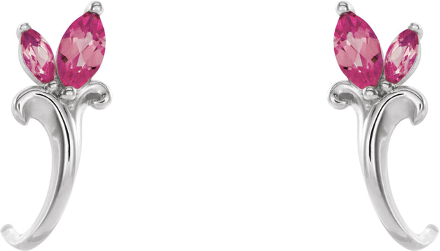 14K Gold Marquise Natural Pink Tourmaline Floral J-Hoop Earrings - White Gold - view 2