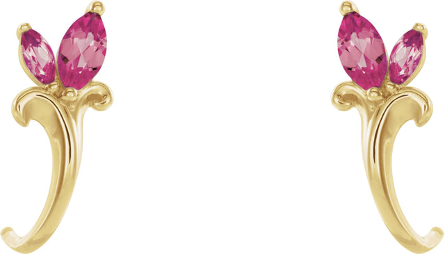 14K Gold Marquise Natural Pink Tourmaline Floral J-Hoop Earrings - Yellow Gold - view 2