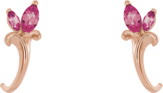 14K Gold Marquise Natural Pink Tourmaline Floral J-Hoop Earrings - Rose Gold - view 2
