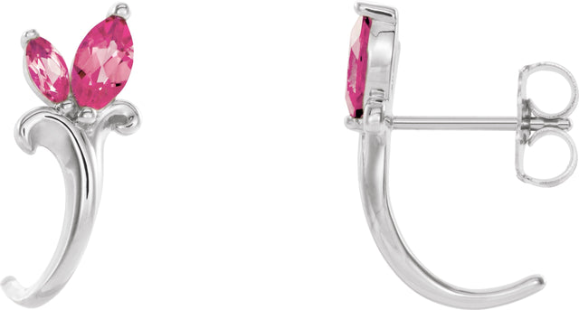 14K Gold Marquise Natural Pink Tourmaline Floral J-Hoop Earrings - White Gold