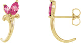 14K Gold Marquise Natural Pink Tourmaline Floral J-Hoop Earrings - Yellow Gold