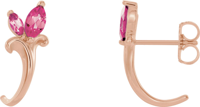 14K Gold Marquise Natural Pink Tourmaline Floral J-Hoop Earrings - Rose Gold