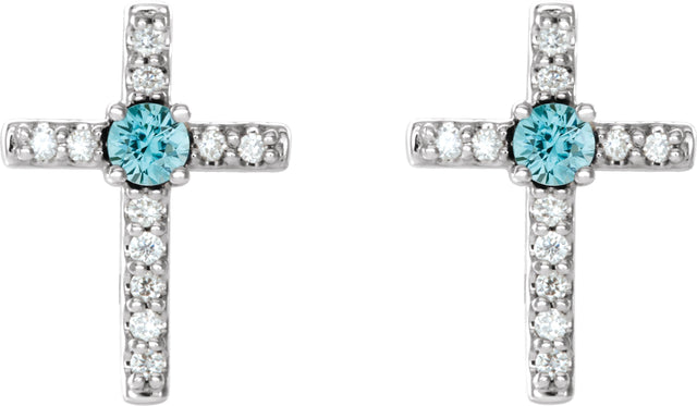 14K Gold Round Natural Blue Zircon Accented Cross Earrings – 1.5-2mm Stones - White Gold - view 4
