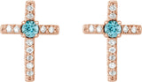 14K Gold Round Natural Blue Zircon Accented Cross Earrings – 1.5-2mm Stones - Rose Gold - view 4
