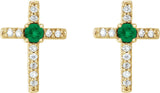 14K Gold Round Natural Emerald Accented Cross Earrings – 1.5-2mm Stones - Yellow Gold - view 4