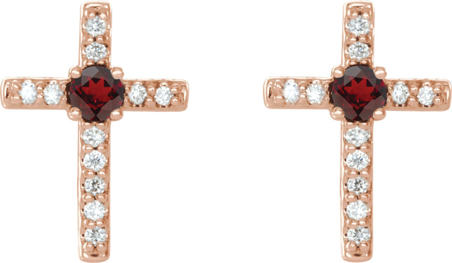 14K Gold Round Natural Mozambique Garnet Accented Cross Earrings – 1.5-2mm Stones - Rose Gold - view 4