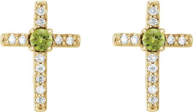 14K Gold Round Natural Peridot Accented Cross Earrings – 1.5-2mm Stones - Yellow Gold - view 4