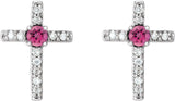 Platinum Round Natural Pink Tourmaline Accented Cross Earrings – 1.5-2mm Stones - view 4
