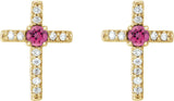 14K Gold Round Natural Pink Tourmaline Accented Cross Earrings – 1.5-2mm Stones - Yellow Gold - view 4