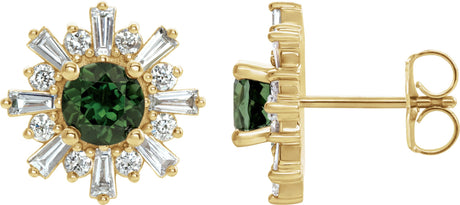 14K Gold Round Natural Green Tourmaline & Natural Diamond Halo-Style Star Earrings – 5mm Stones - Yellow Gold