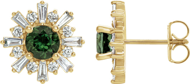 14K Gold Round Natural Green Tourmaline & Natural Diamond Halo-Style Star Earrings – 5mm Stones - Yellow Gold