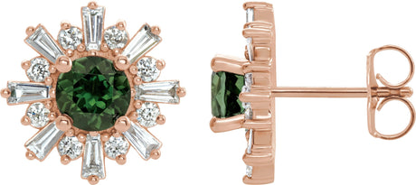 14K Gold Round Natural Green Tourmaline & Natural Diamond Halo-Style Star Earrings – 5mm Stones - Rose Gold