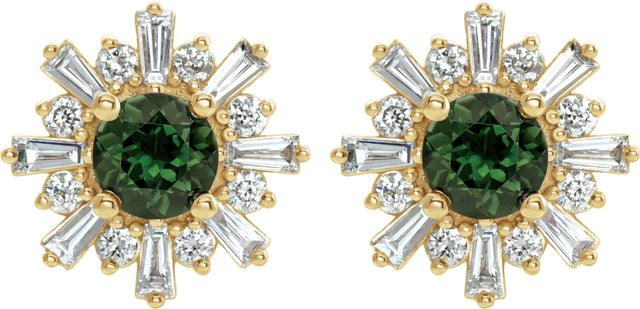 14K Gold Round Natural Green Tourmaline & Natural Diamond Halo-Style Star Earrings – 5mm Stones - Yellow Gold - view 2