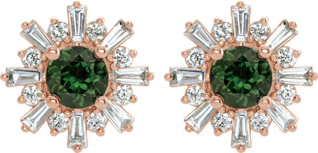 14K Gold Round Natural Green Tourmaline & Natural Diamond Halo-Style Star Earrings – 5mm Stones - Rose Gold - view 2