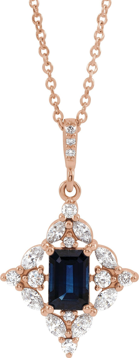 14K Gold Emerald Natural Blue Sapphire & Natural Diamond Halo-Style Necklace or Pendant - Rose Gold
