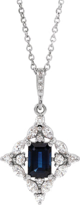 14K Gold Emerald Natural Blue Sapphire & Natural Diamond Halo-Style Necklace or Pendant - White Gold