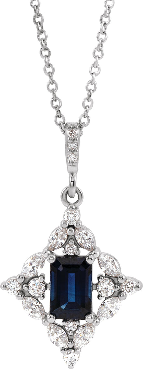 Platinum Emerald Natural Blue Sapphire & Natural Diamond Halo-Style Necklace or Pendant