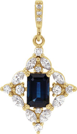 14K Gold Emerald Natural Blue Sapphire & Natural Diamond Halo-Style Necklace or Pendant - Yellow Gold