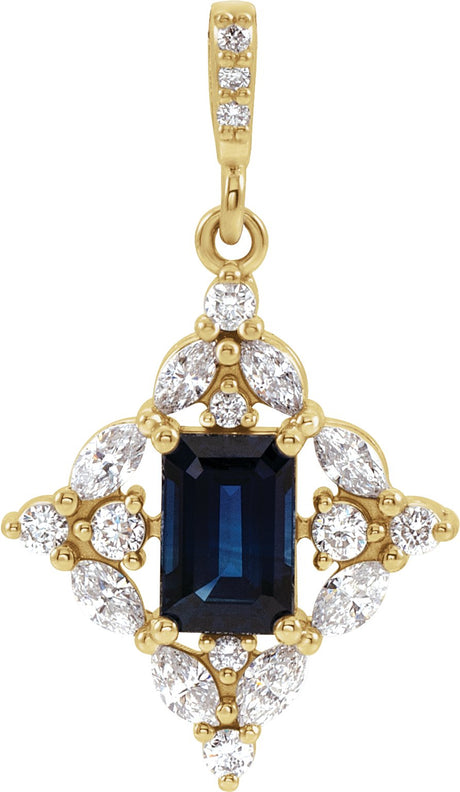 14K Gold Emerald Natural Blue Sapphire & Natural Diamond Halo-Style Necklace or Pendant - Yellow Gold