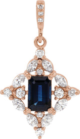 14K Gold Emerald Natural Blue Sapphire & Natural Diamond Halo-Style Necklace or Pendant - Rose Gold