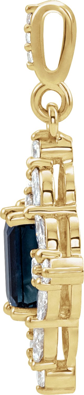14K Gold Emerald Natural Blue Sapphire & Natural Diamond Halo-Style Necklace or Pendant - Yellow Gold - view 2