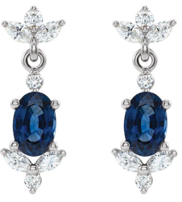 14K Gold Oval Lab-Grown Blue Sapphire & Natural Diamond Accented Earrings II - White Gold - view 2