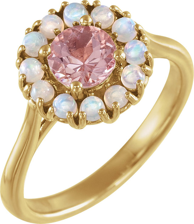 14K Gold Round Natural Pink Morganite & Natural Ethiopian Opal Halo-Style Ring - Yellow Gold