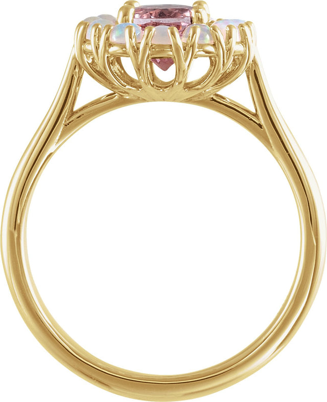 14K Gold Round Natural Pink Morganite & Natural Ethiopian Opal Halo-Style Ring - Yellow Gold - view 2