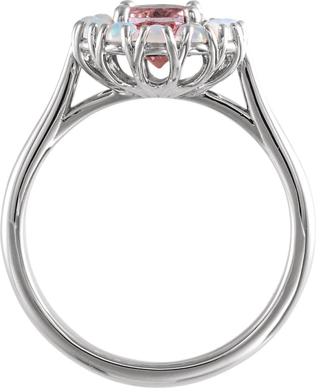Platinum Round Natural Pink Morganite & Natural Ethiopian Opal Halo-Style Ring - view 2