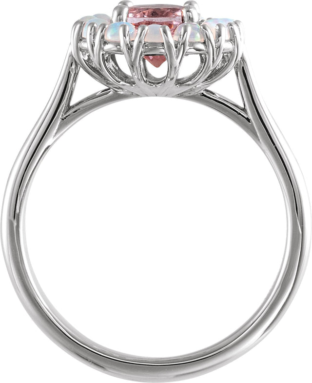 Platinum Round Natural Pink Morganite & Natural Ethiopian Opal Halo-Style Ring - view 2