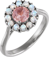 Platinum Round Natural Pink Morganite & Natural Ethiopian Opal Halo-Style Ring