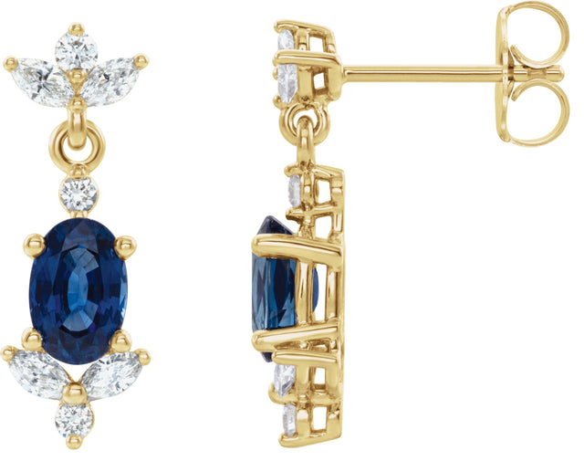 14K Gold Oval Natural Blue Sapphire & Natural Diamond Accented Earrings - Yellow Gold