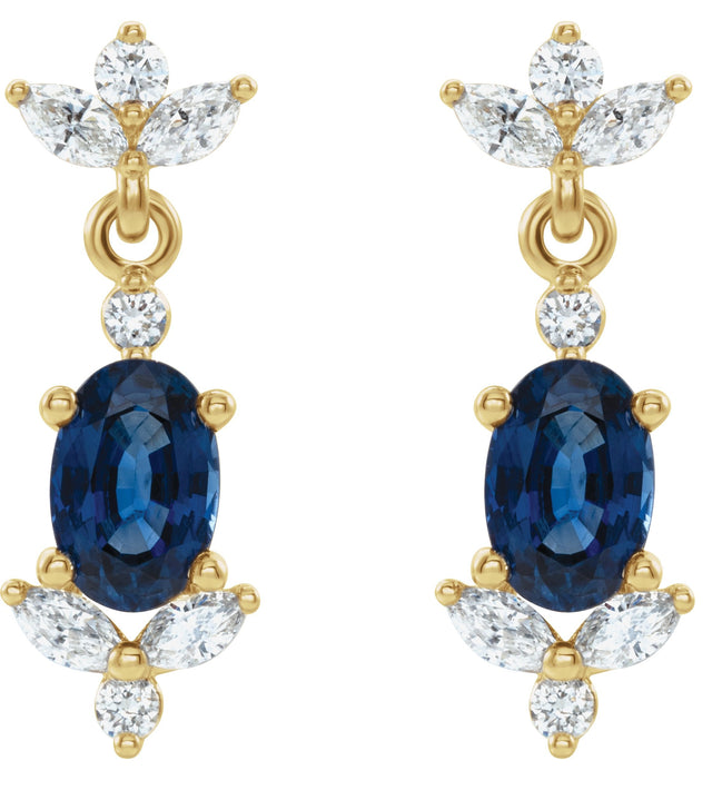 14K Gold Oval Lab-Grown Blue Sapphire & Natural Diamond Accented Earrings II - Yellow Gold - view 2