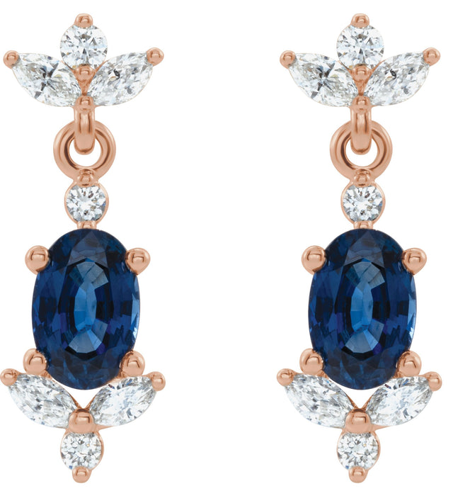 14K Gold Oval Lab-Grown Blue Sapphire & Natural Diamond Accented Earrings II - Rose Gold - view 2
